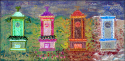 Textile Wall Hanging Titled The Four Clocks.